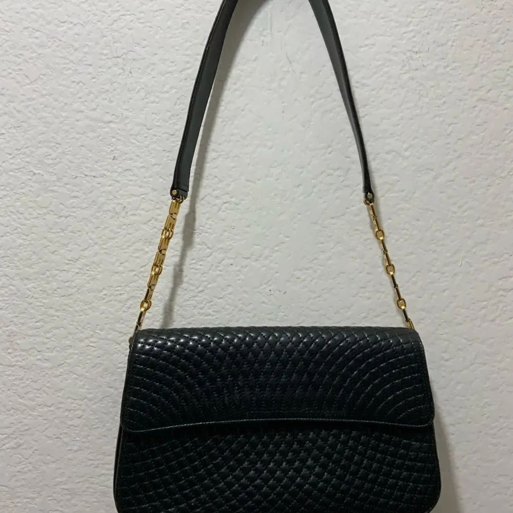 Authentic BALLY Logo Quilted Chain Shoulder Bag Leather Black Italy